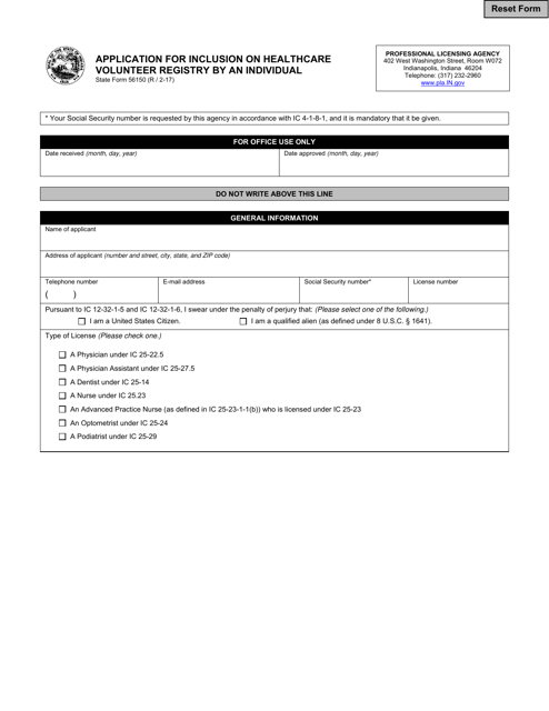 State Form 56150 Application for Inclusion on Healthcare Volunteer Registry by an Individual - Indiana