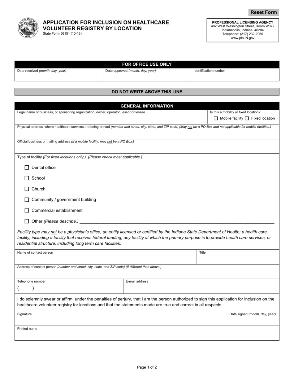 State Form 56151 Application for Inclusion on Healthcare Volunteer Registry by Location - Indiana, Page 1