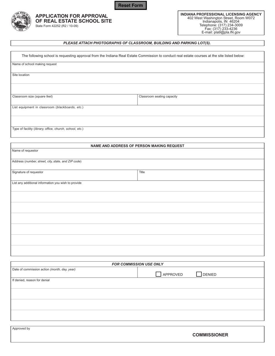 State Form 42252 Application for Approval of Real Estate School Site - Indiana, Page 1