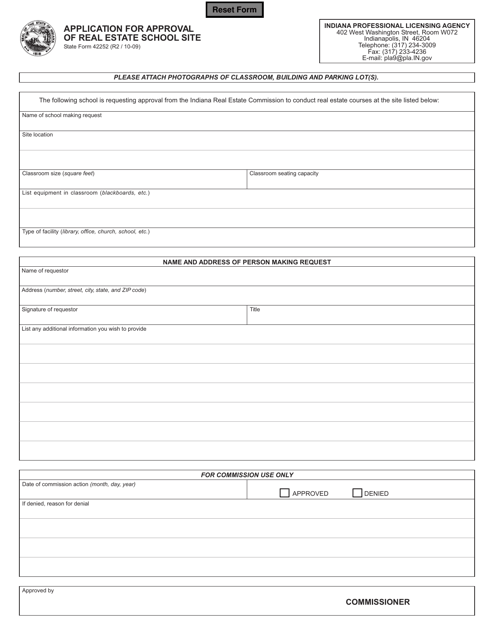 State Form 42252 Application for Approval of Real Estate School Site - Indiana