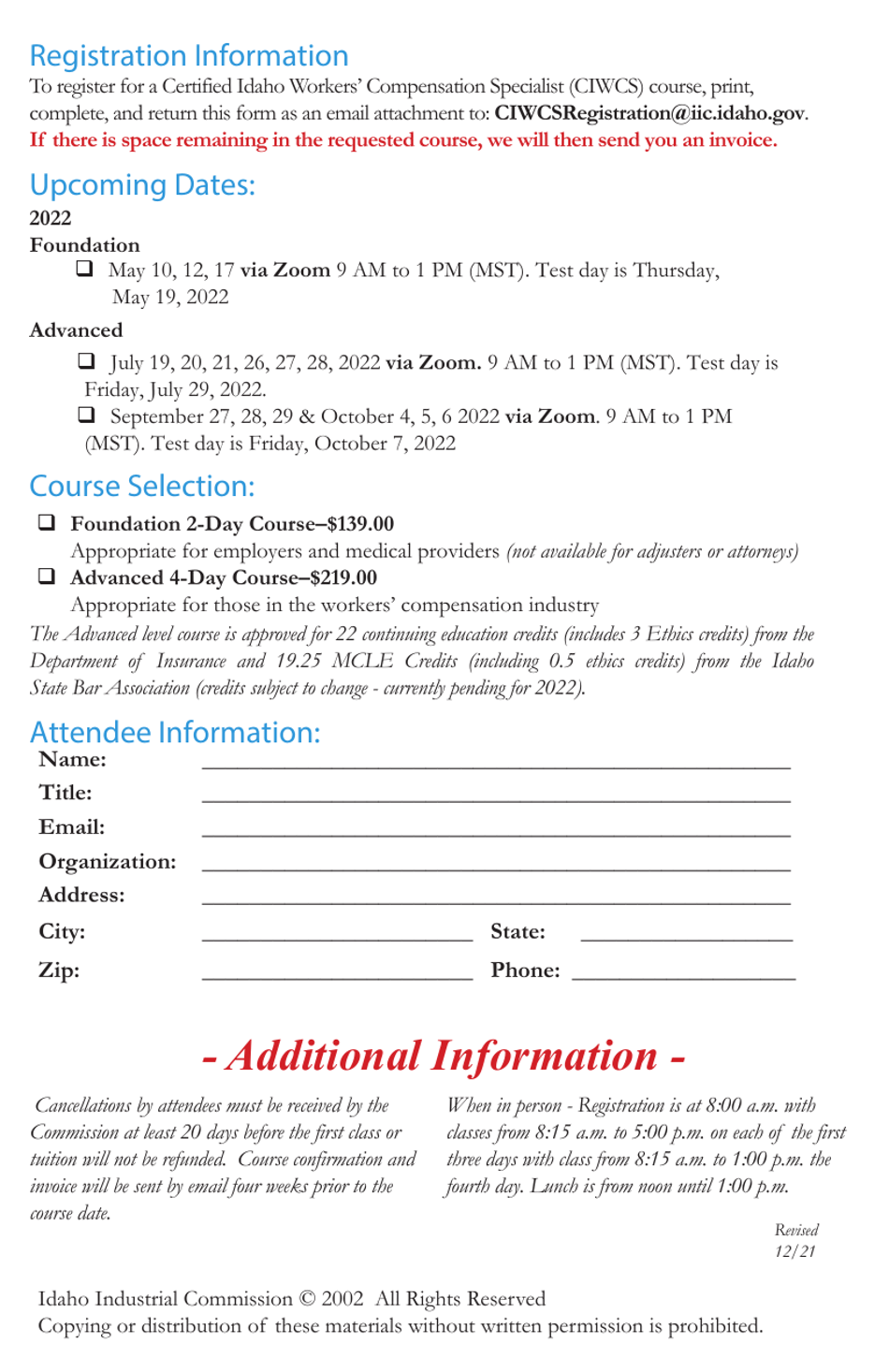 Certified Idaho Workers Compensation Specialist (Ciwcs) Registration Form - Idaho, Page 1