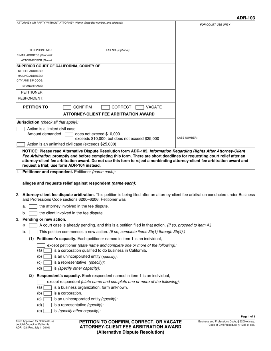 Form ADR-103 Petition to Confirm, Correct, or Vacate Attorney-Client Fee Arbitration Award (Alternative Dispute Resolution) - California, Page 1