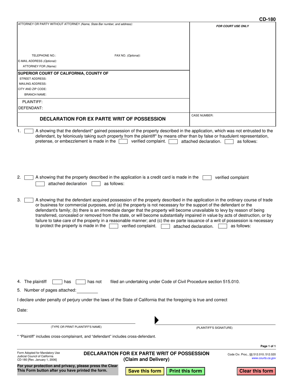 Form CD-180 Declaration for Ex Parte Writ of Possession - California, Page 1