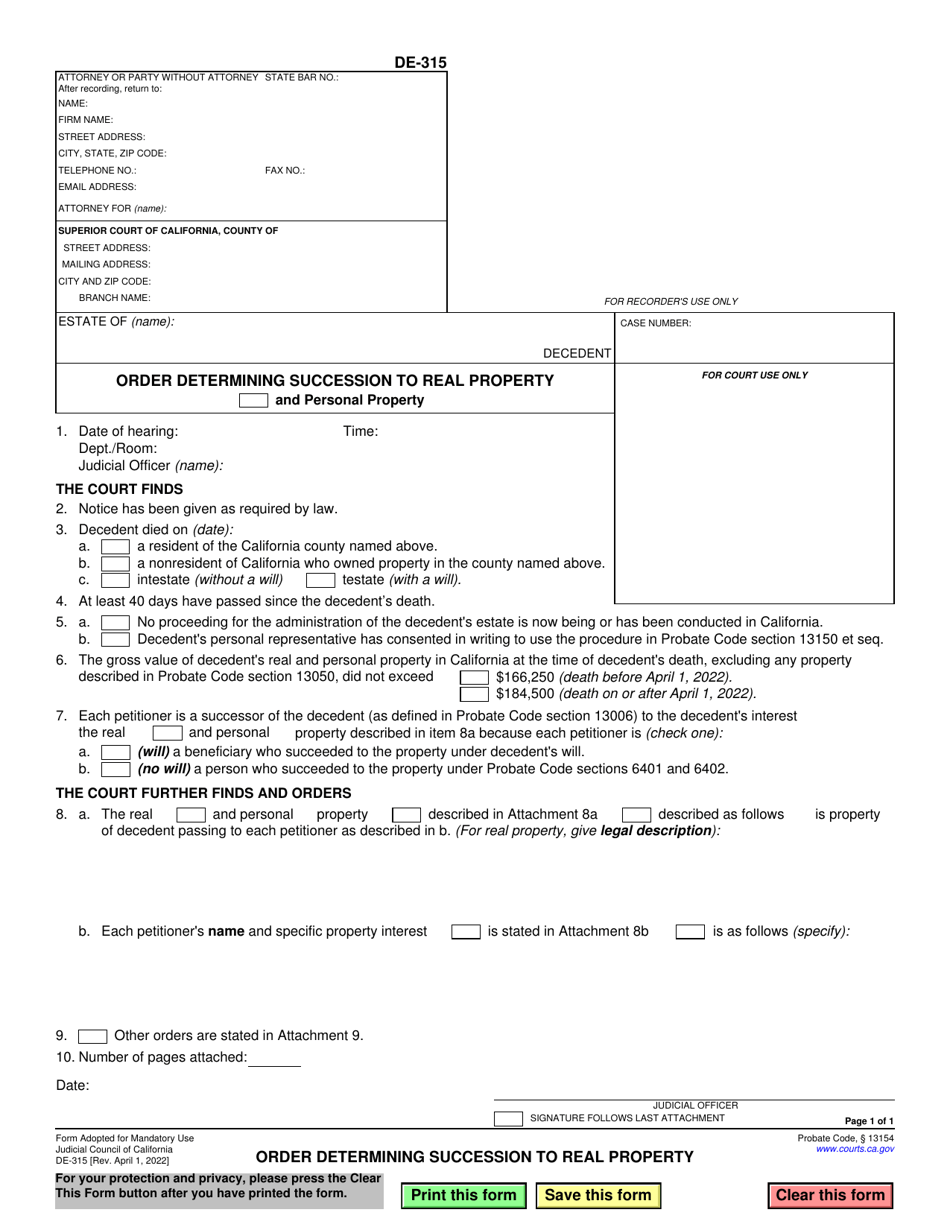 Form DE-315 Order Determining Succession to Real Property - California, Page 1