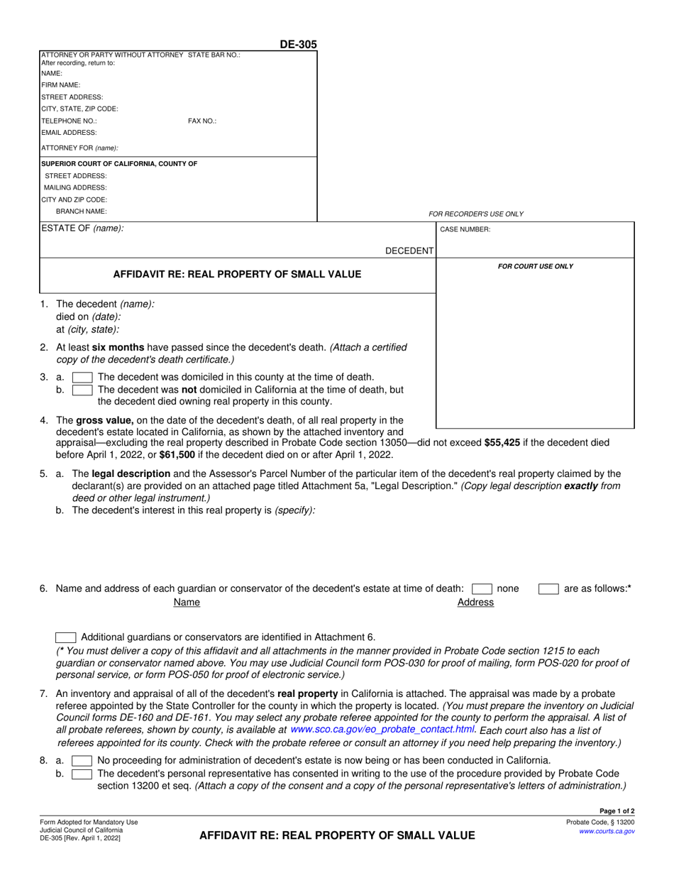 Form DE-305 Affidavit Re: Real Property of Small Value - California, Page 1