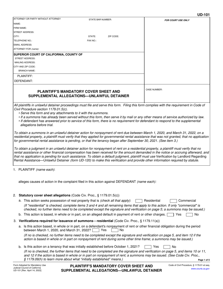 Form UD-101 Plaintiffs Mandatory Cover Sheet and Supplemental Allegations - Unlawful Detainer - California, Page 1