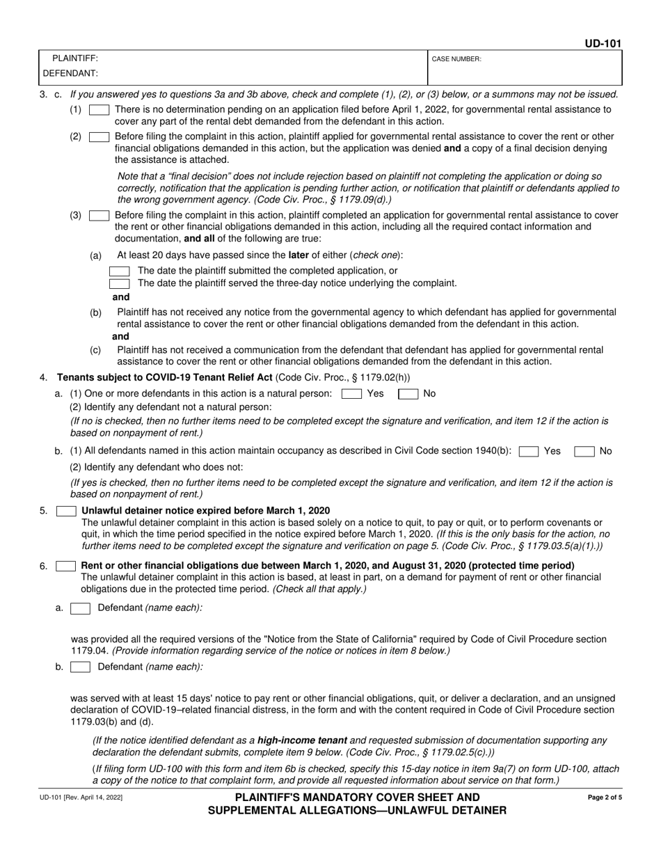 Form UD-101 Plaintiffs Mandatory Cover Sheet and Supplemental Allegations - Unlawful Detainer - California, Page 2