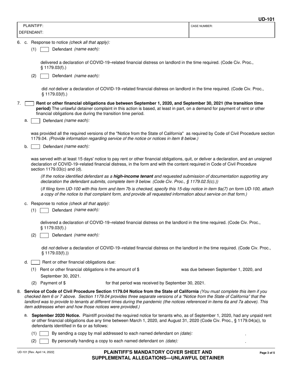 Form UD-101 Plaintiffs Mandatory Cover Sheet and Supplemental Allegations - Unlawful Detainer - California, Page 3