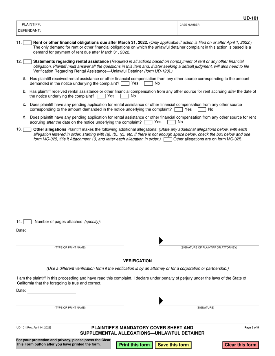 Form UD-101 Plaintiffs Mandatory Cover Sheet and Supplemental Allegations - Unlawful Detainer - California, Page 5