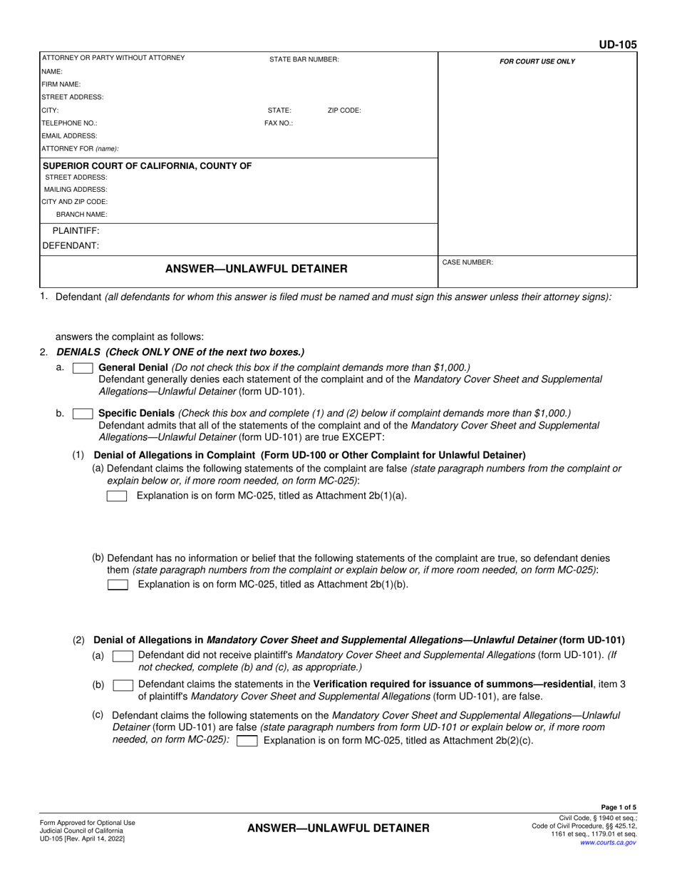 Form UD-105 Answer - Unlawful Detainer - California, Page 1