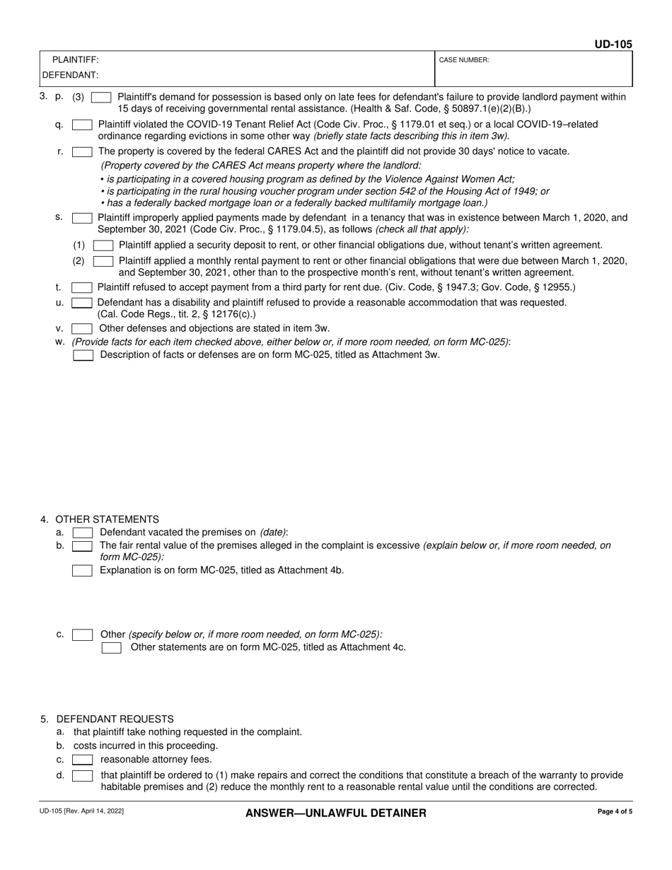 Form Ud-105 Download Fillable Pdf Or Fill Online Answer - Unlawful 