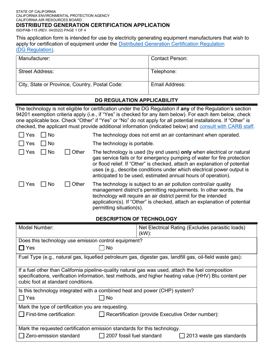 Form ISD / PAB-115 Distributed Generation Certification Application - California, Page 1