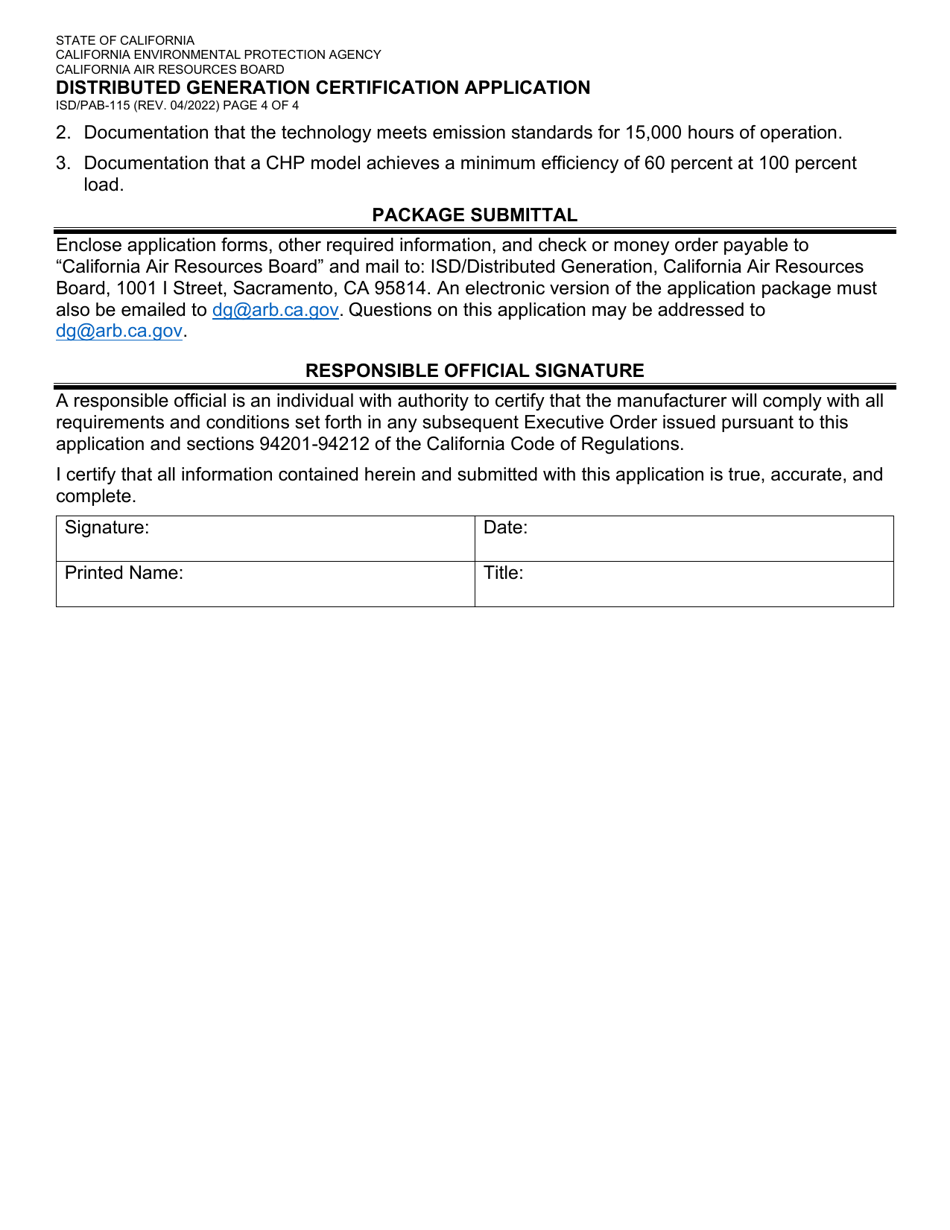 Form ISD / PAB-115 Distributed Generation Certification Application - California, Page 4
