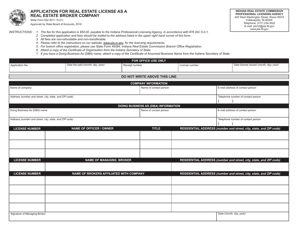 State Form 932 Application for Real Estate License as a Real Estate Broker Company - Indiana, Page 1