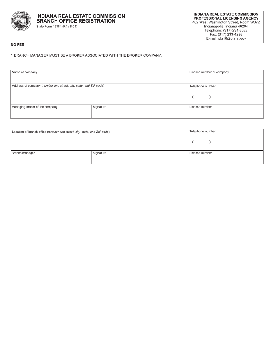 State Form 49384 Branch Office Registration - Indiana, Page 1