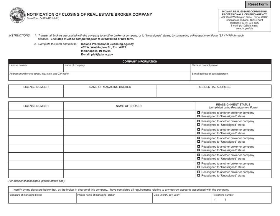 State Form 54973 Notification of Closing of Real Estate Broker Company - Indiana, Page 1