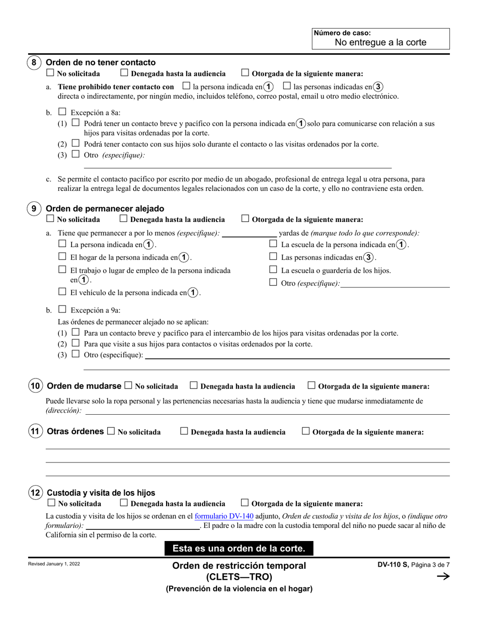 Formulario DV-110 Orden De Restriccion Temporal (Clets-Tro) - California (Spanish), Page 3