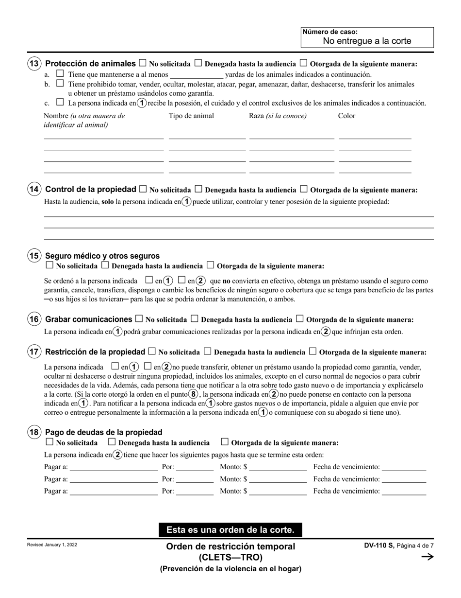 Formulario DV-110 Orden De Restriccion Temporal (Clets-Tro) - California (Spanish), Page 4