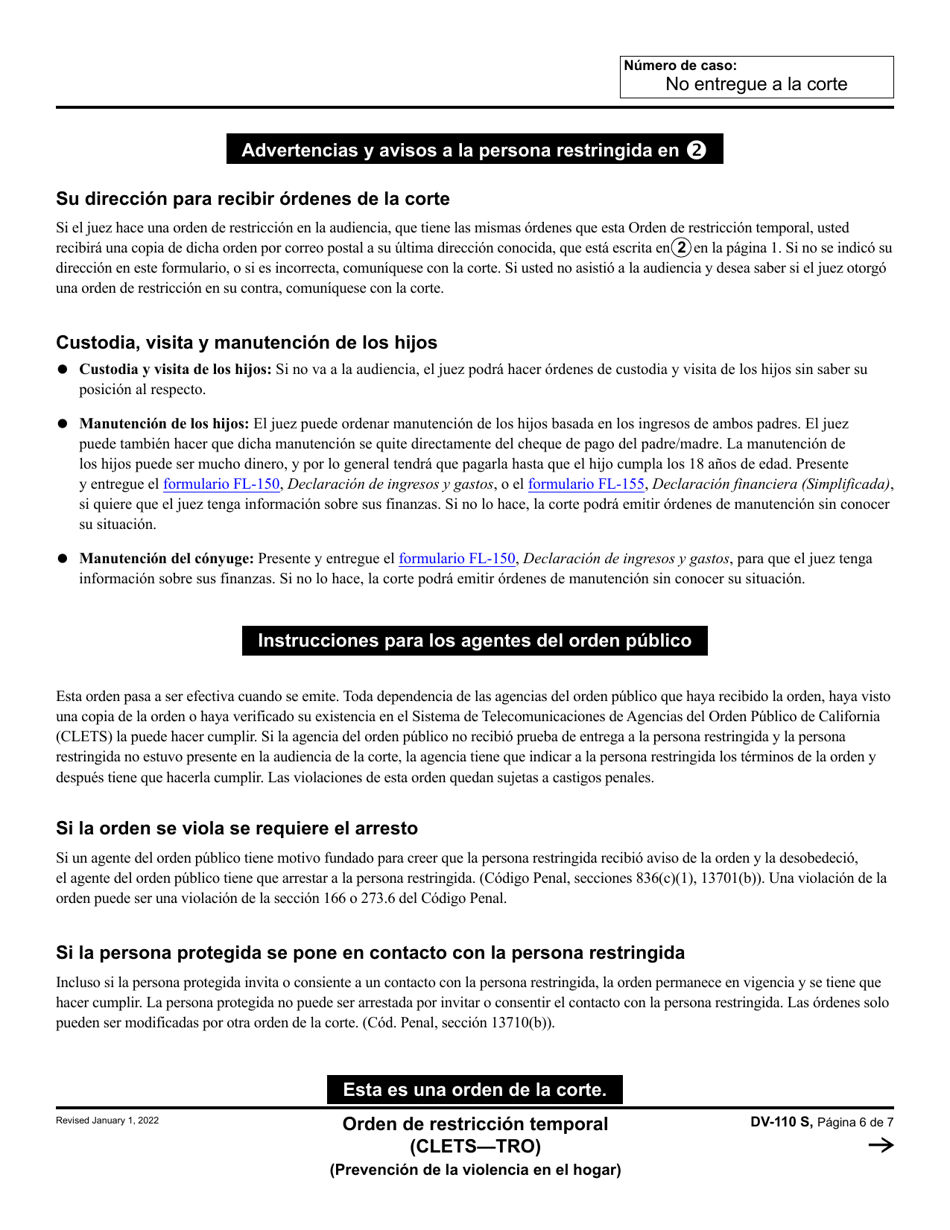 Formulario DV-110 Orden De Restriccion Temporal (Clets-Tro) - California (Spanish), Page 6