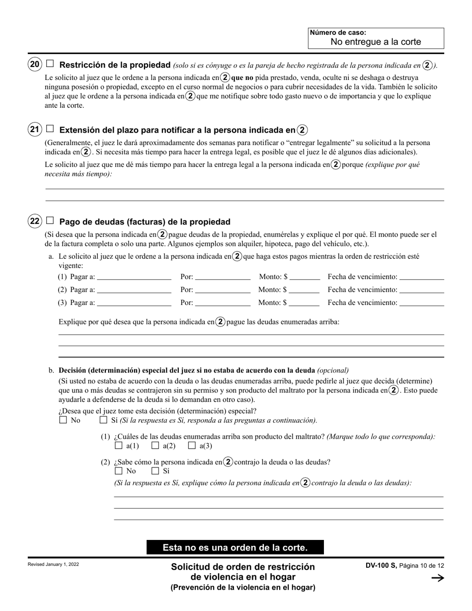 Formulario DV-100 Solicitud De Orden De Restriccion De Violencia En El Hogar - California (Spanish), Page 10