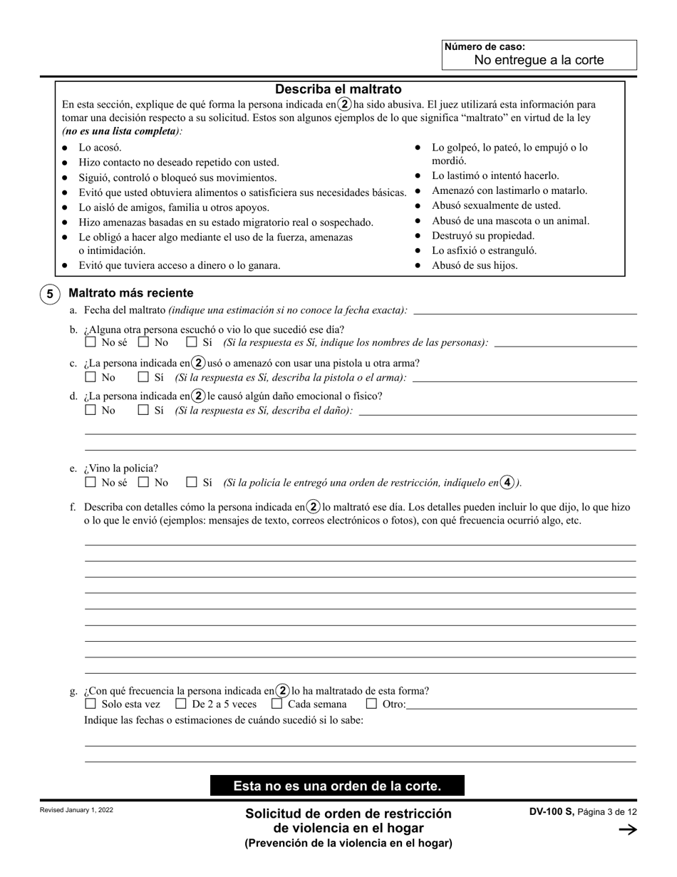 Formulario DV-100 Solicitud De Orden De Restriccion De Violencia En El Hogar - California (Spanish), Page 3