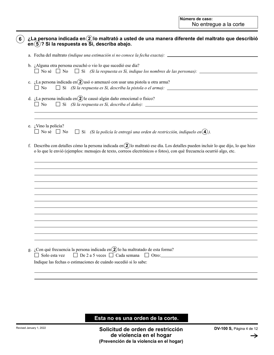 Formulario DV-100 Solicitud De Orden De Restriccion De Violencia En El Hogar - California (Spanish), Page 4