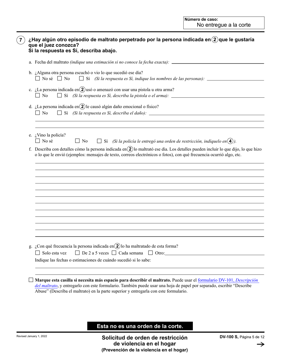 Formulario DV-100 Solicitud De Orden De Restriccion De Violencia En El Hogar - California (Spanish), Page 5