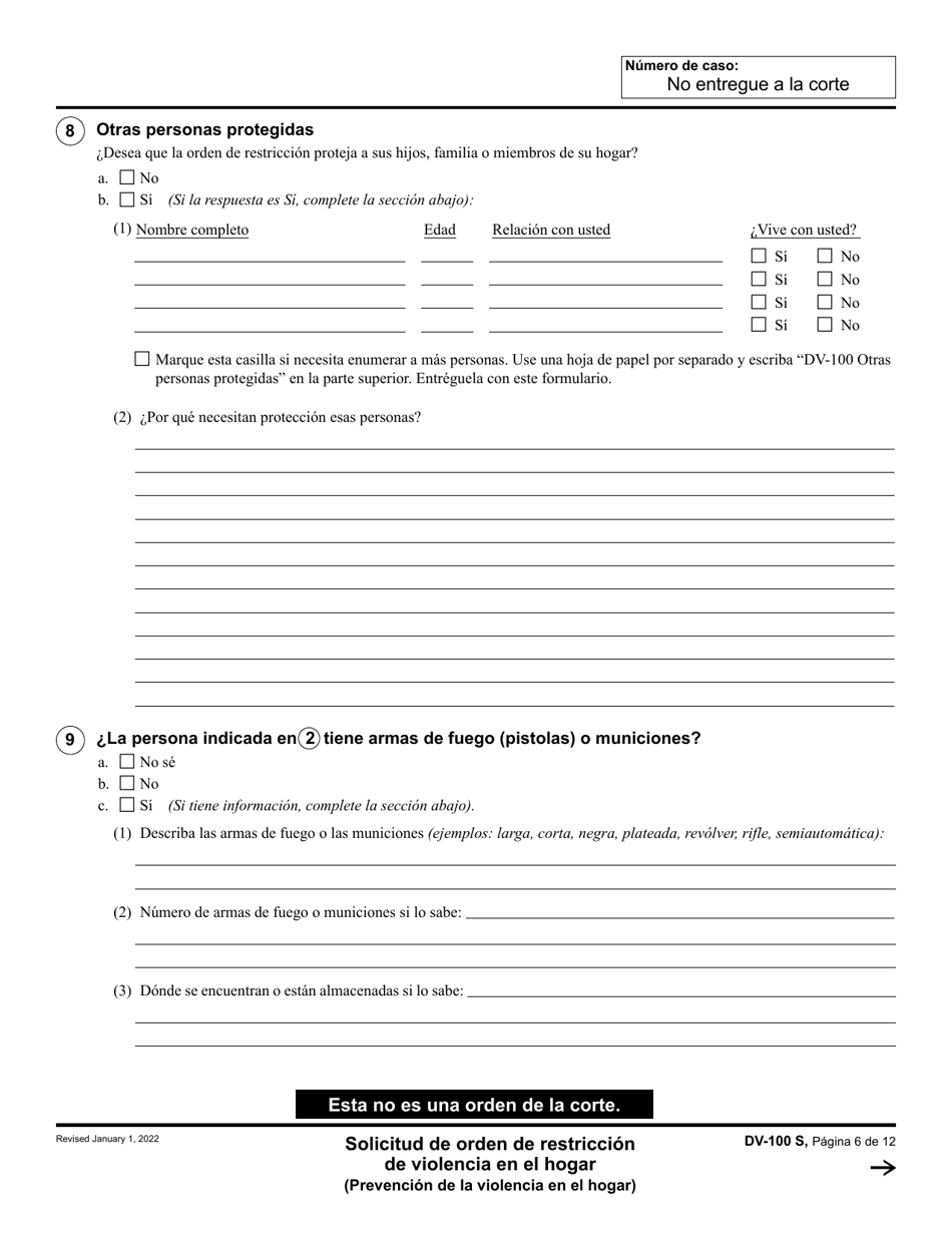 Formulario DV-100 Solicitud De Orden De Restriccion De Violencia En El Hogar - California (Spanish), Page 6