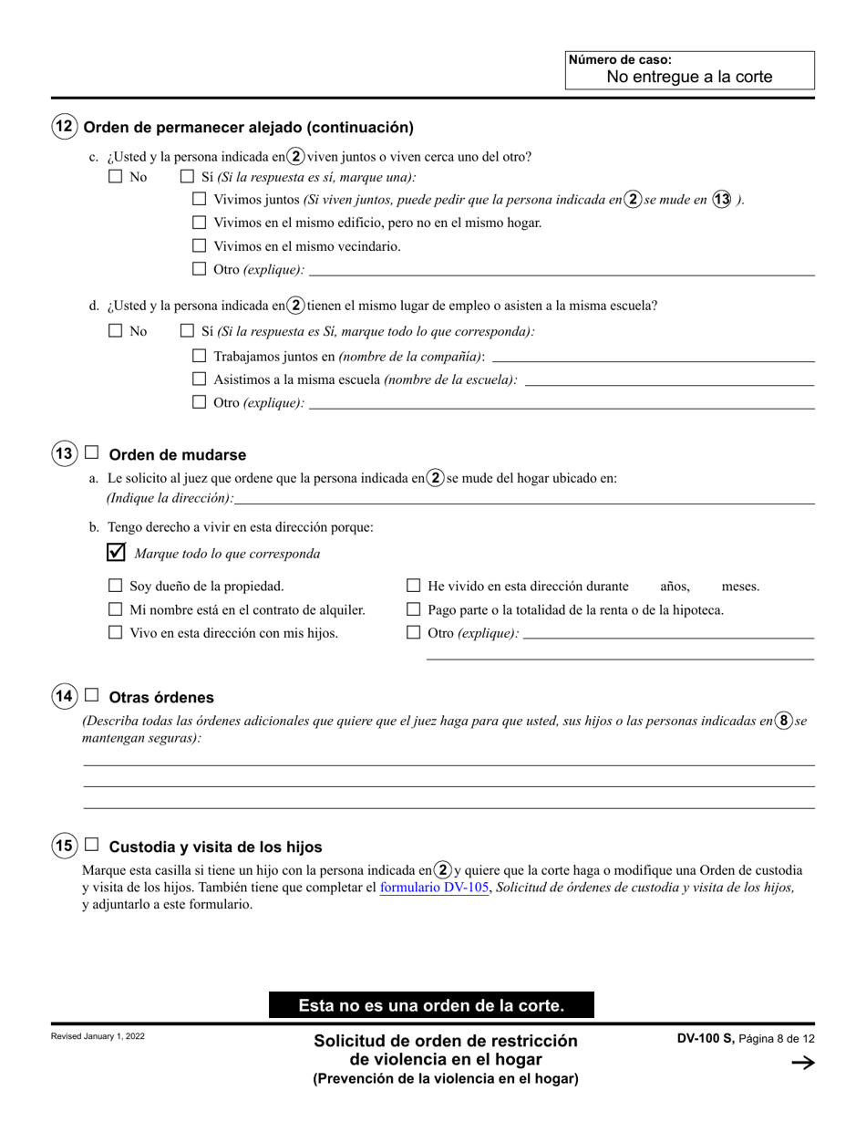 Formulario DV-100 Solicitud De Orden De Restriccion De Violencia En El Hogar - California (Spanish), Page 8