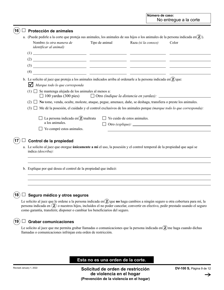 Formulario DV-100 Solicitud De Orden De Restriccion De Violencia En El Hogar - California (Spanish), Page 9