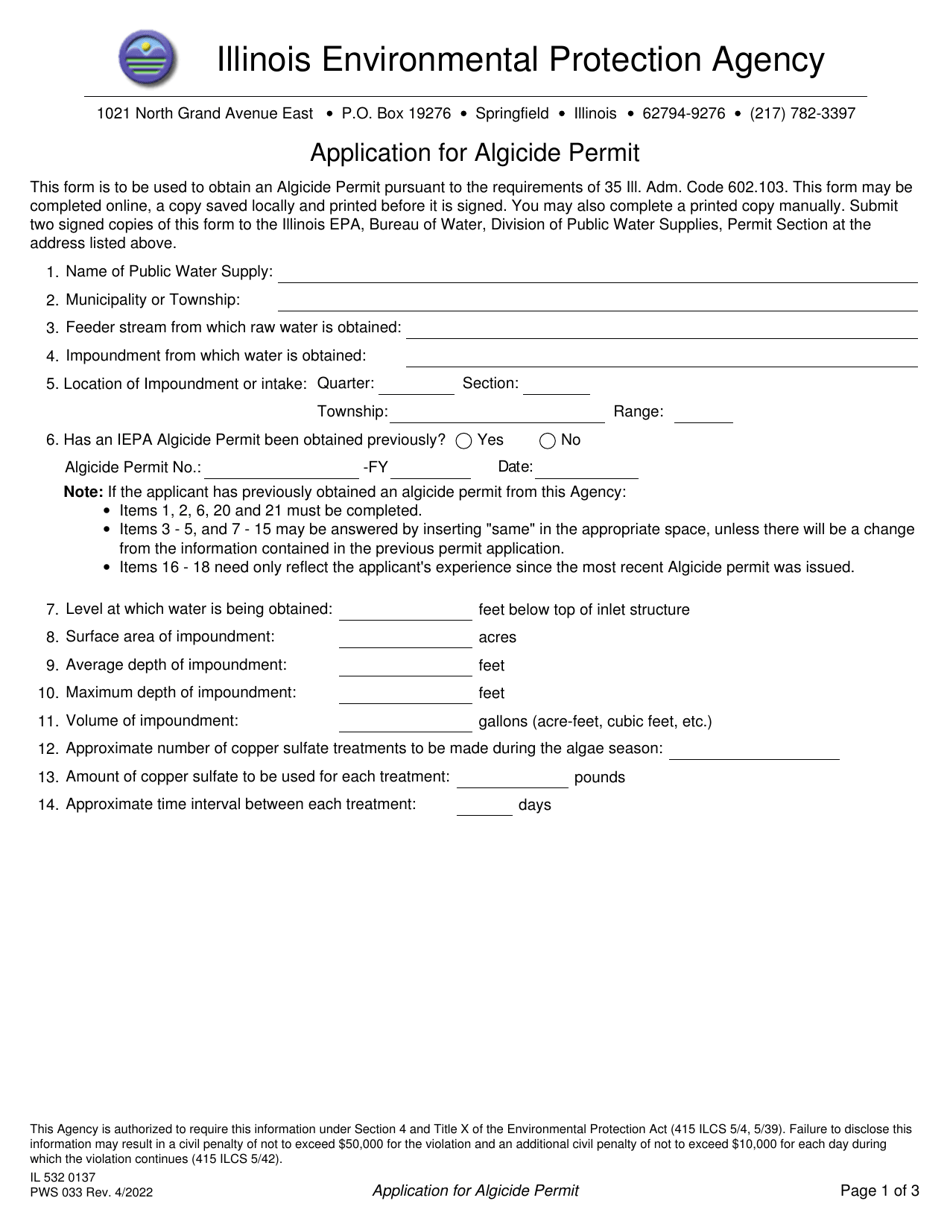 Form IL532 0137 (PWS033) Application for Algicide Permit - Illinois, Page 1