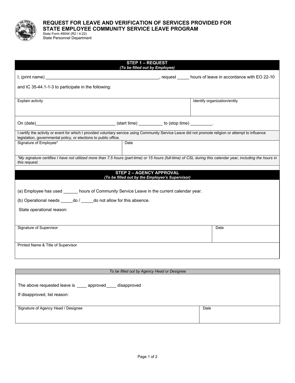 State Form 49044 Request for Leave and Verification of Services Provided for State Employee Community Service Leave Program - Indiana, Page 1