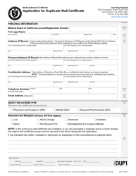 Form DUP &quot;Application for Duplicate Wall Certificate&quot; - California