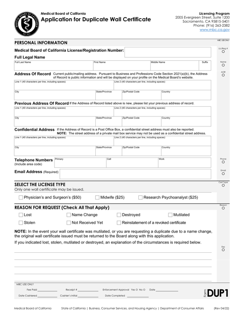 Form DUP Application for Duplicate Wall Certificate - California