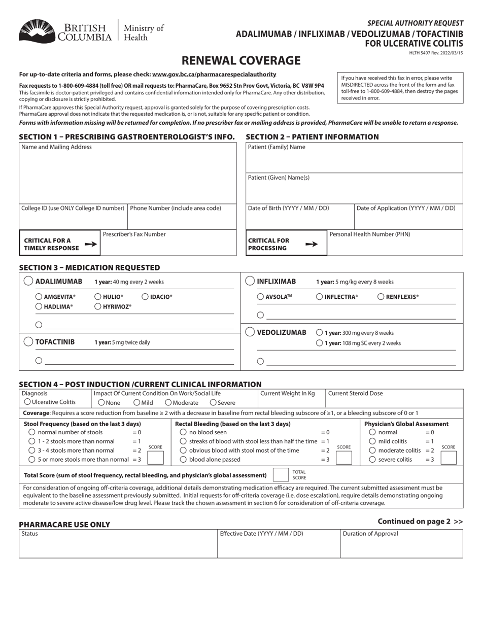 Form HLTH5497 Special Authority Request - Adalimumab / Infliximab / Vedolizumab / Tofactinib for Ulcerative Colitis - Renewal Coverage - British Columbia, Canada, Page 1