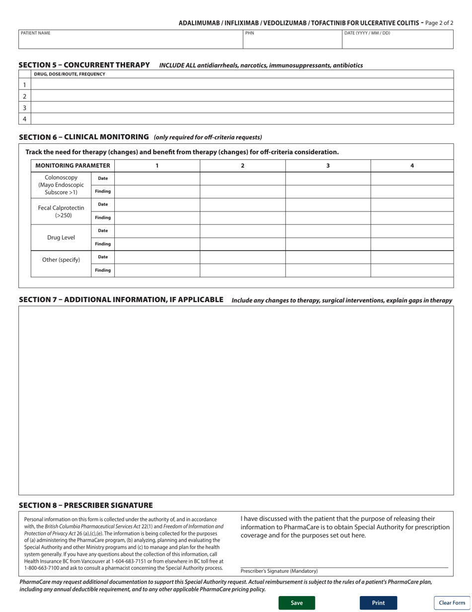 Form HLTH5497 Special Authority Request - Adalimumab / Infliximab / Vedolizumab / Tofactinib for Ulcerative Colitis - Renewal Coverage - British Columbia, Canada, Page 2