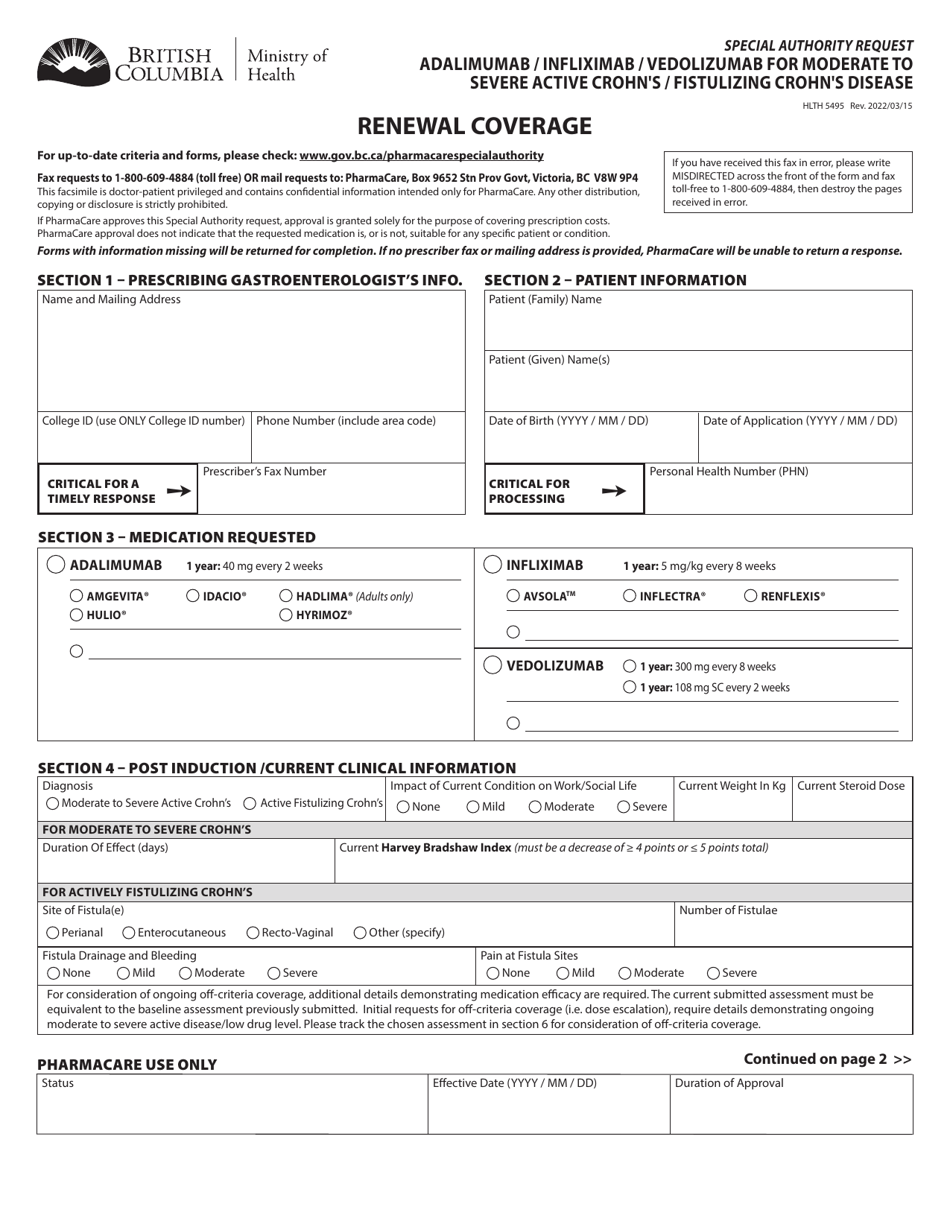 Form HLTH5495 Special Authority Request - Adalimumab / Infliximab / Vedolizumab / Tofactinib for Ulcerative Colitis - Renewal Coverage - British Columbia, Canada, Page 1