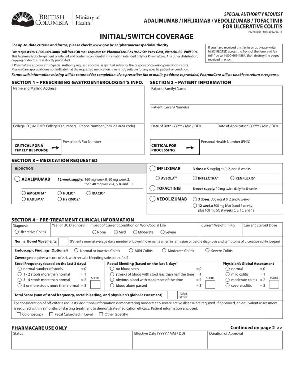 Form HLTH5388 Special Authority Request - Adalimumab / Infliximab / Vedolizumab / Tofactinib for Ulcerative Colitis - Initial / Switch Coverage - British Columbia, Canada, Page 1