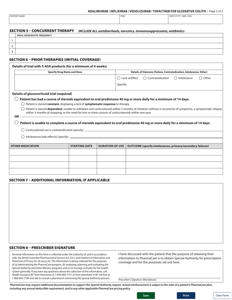 Form HLTH5388 Special Authority Request - Adalimumab / Infliximab / Vedolizumab / Tofactinib for Ulcerative Colitis - Initial / Switch Coverage - British Columbia, Canada, Page 2