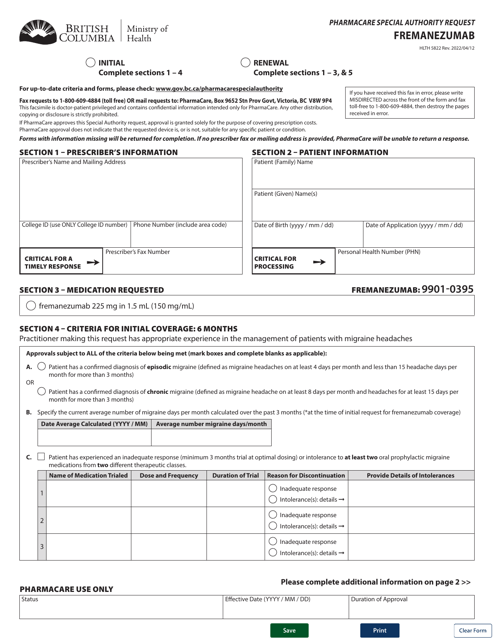 Form HLTH5822  Printable Pdf