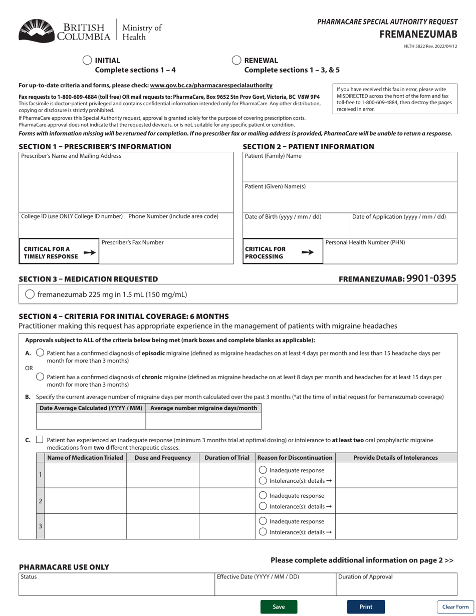 Form HLTH5822 Pharmacare Special Authority Request - Fremanezumab - British Columbia, Canada, Page 1