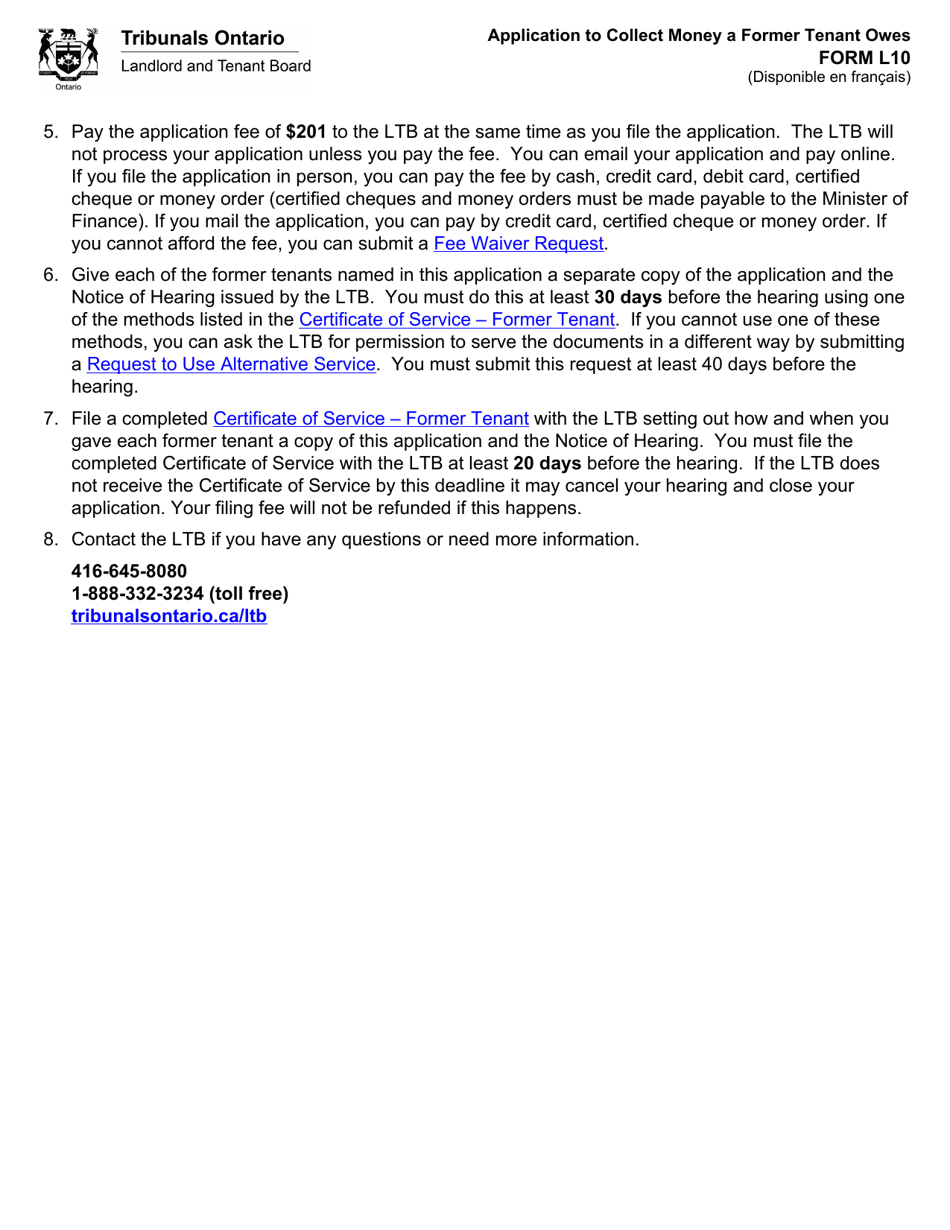 Form L10 Application to Collect Money a Former Tenant Owes - Ontario, Canada, Page 3