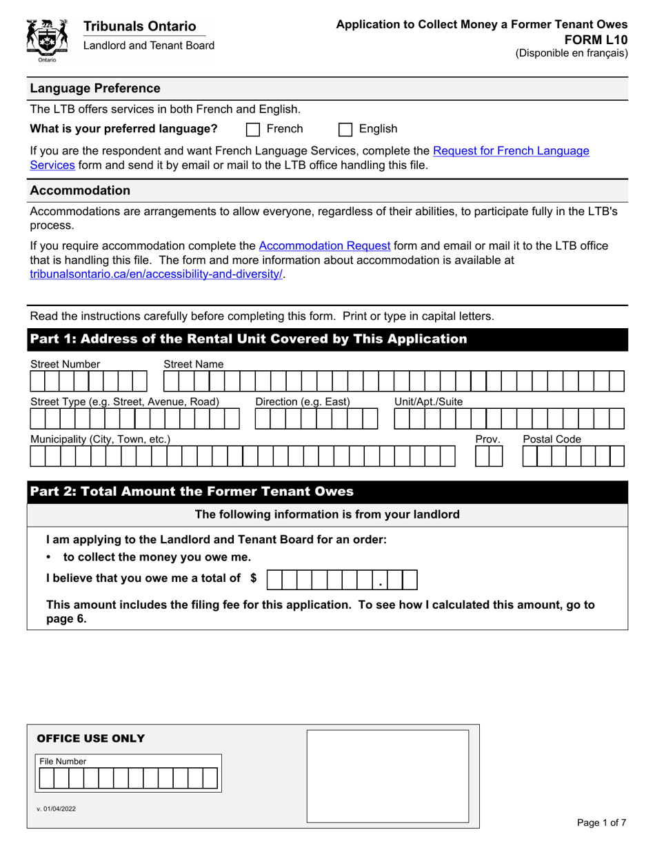 Form L10 Application to Collect Money a Former Tenant Owes - Ontario, Canada, Page 4