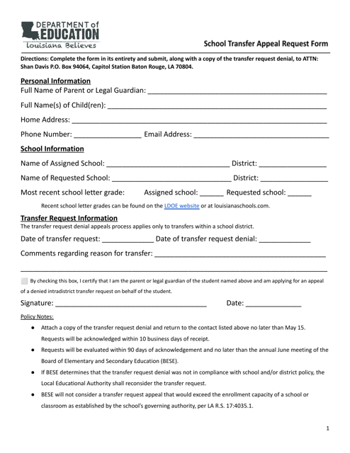 School Transfer Appeal Request Form - Louisiana Download Pdf