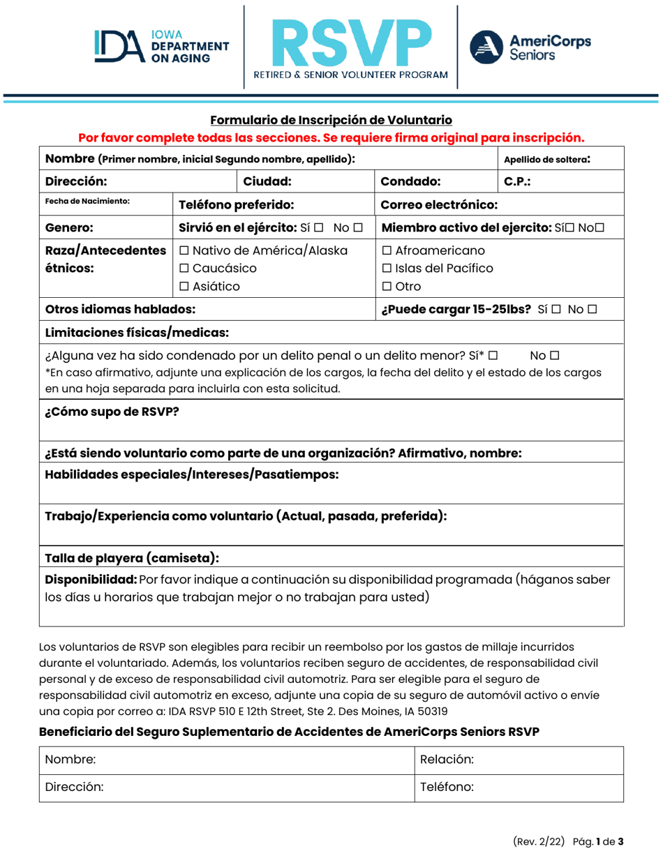 Formulario De Inscripcion De Voluntario - Iowa (Spanish), Page 1