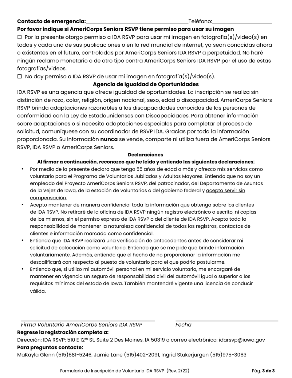 Formulario De Inscripcion De Voluntario - Iowa (Spanish), Page 3