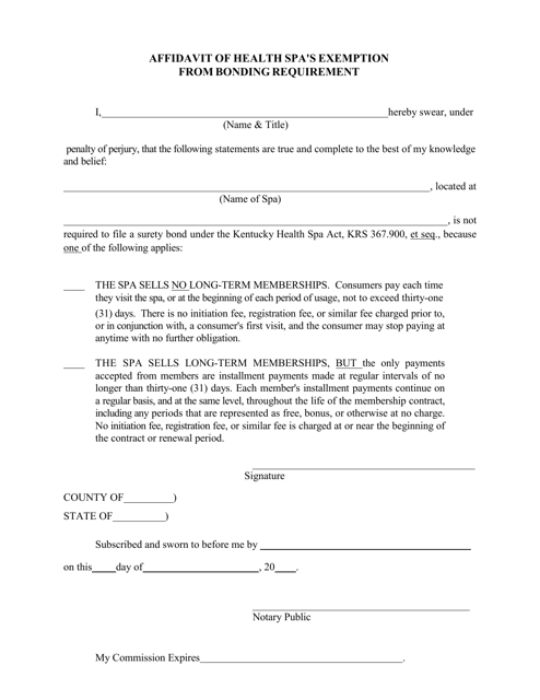 Affidavit of Health SPA's Exemption From Bonding Requirement - Kentucky Download Pdf