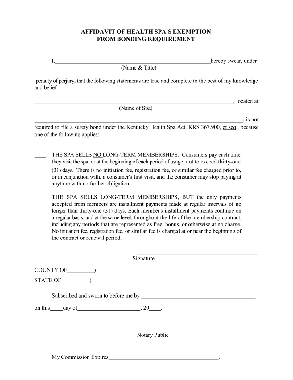 Affidavit of Health SPAs Exemption From Bonding Requirement - Kentucky, Page 1