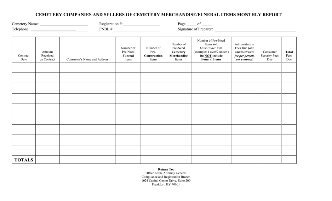 Form CPN-5 Cemetery Companies and Sellers of Cemetery Merchandise/Funeral Items Monthly Report - Kentucky