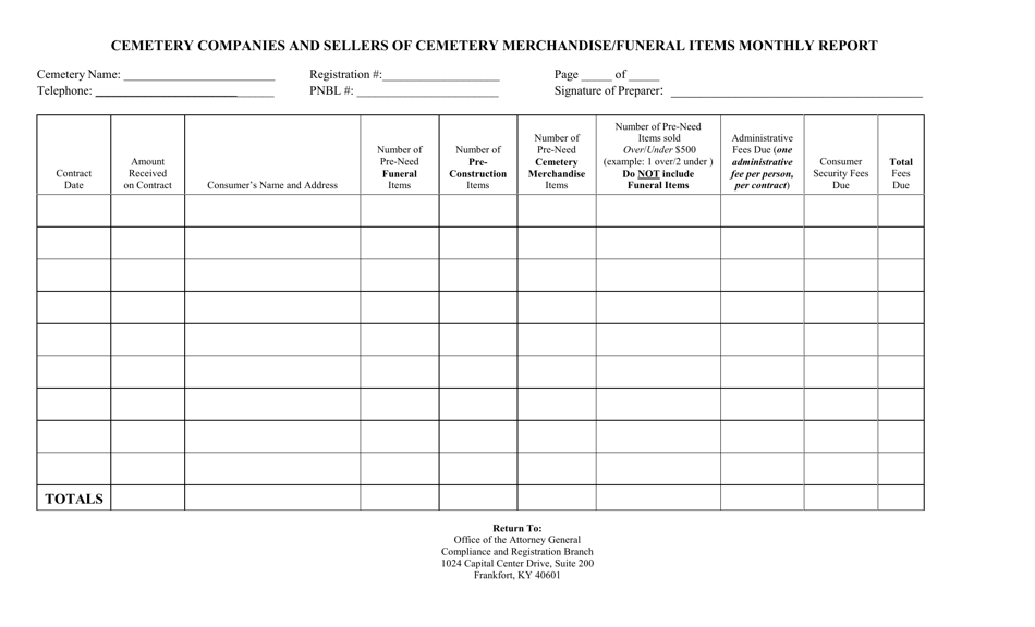 Form CPN-5 Cemetery Companies and Sellers of Cemetery Merchandise / Funeral Items Monthly Report - Kentucky, Page 1